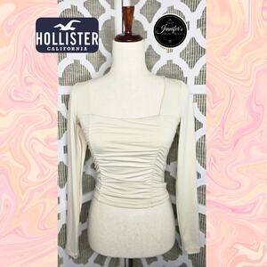 Hollister Girls Cream Square Neck Ruched Sides Long Sleeve Crop Top Size XS